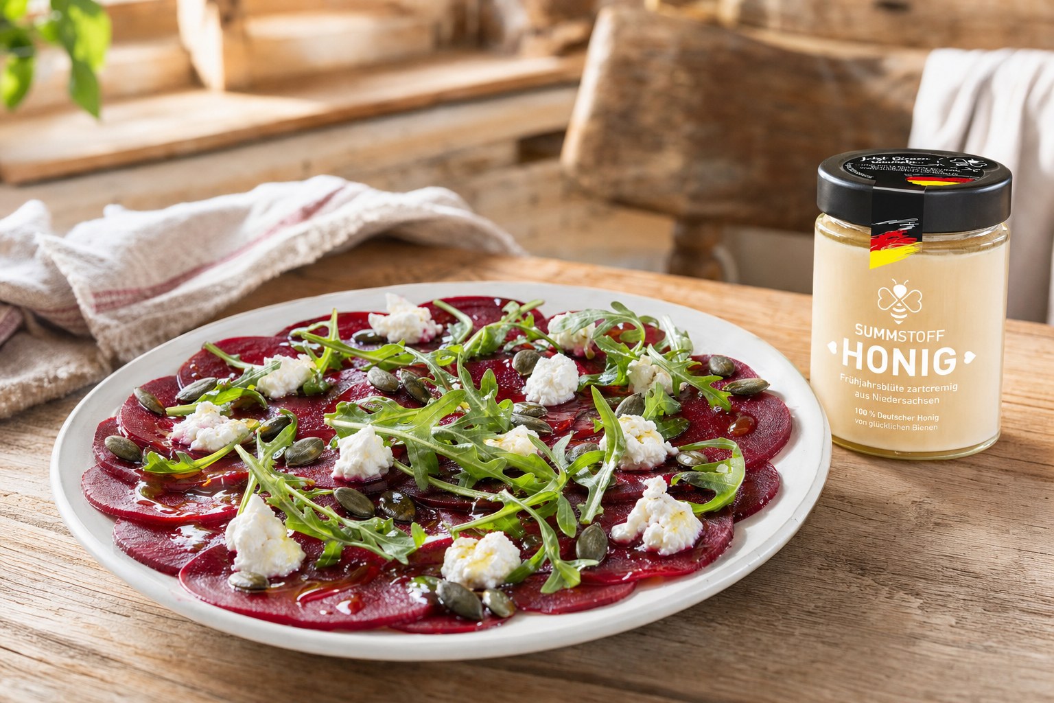 Rote-Bete-Carpaccio mit Frühjahrsblüten-Honig