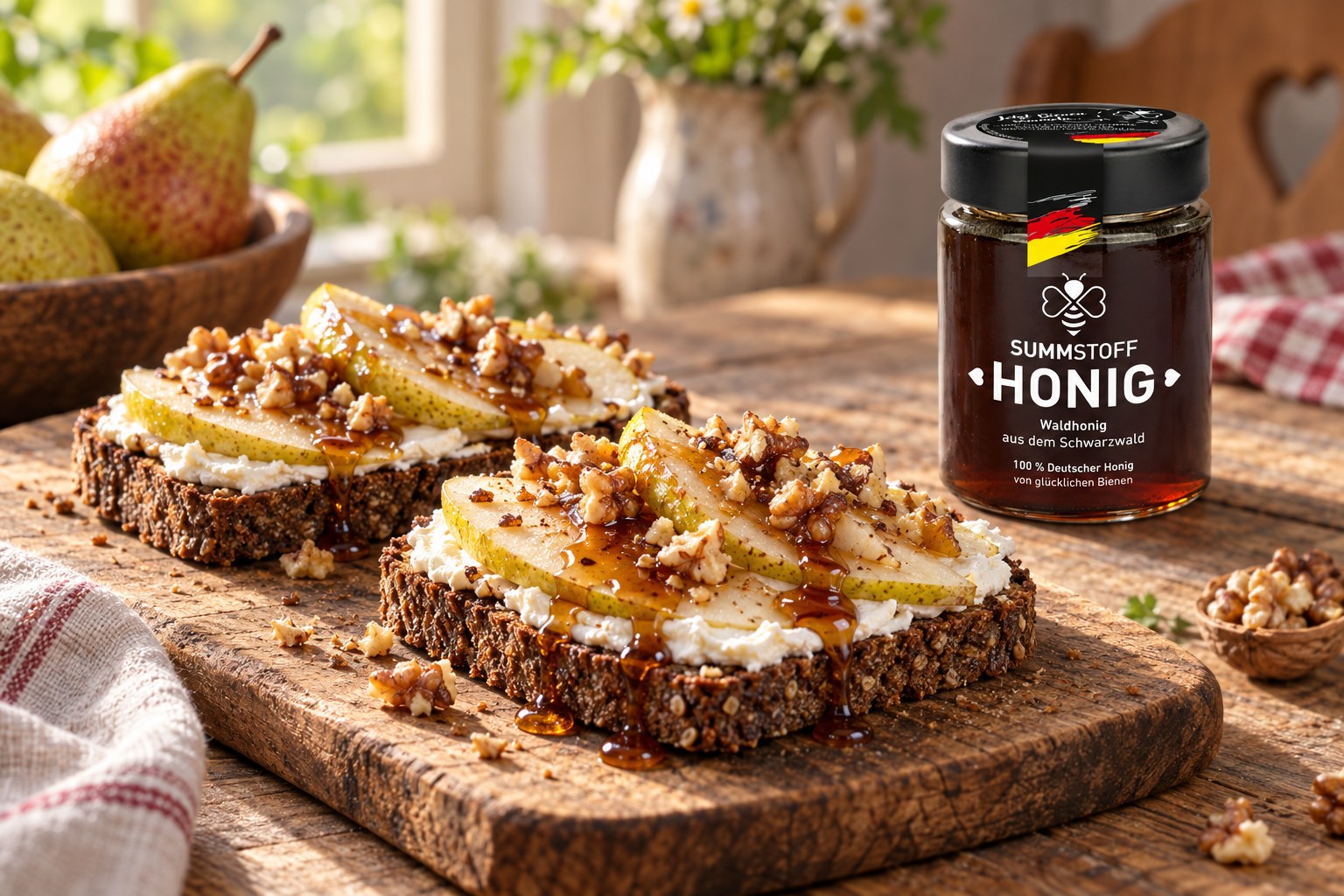 Waldhonig-Roggenbrot mit Frischkäse und Birne