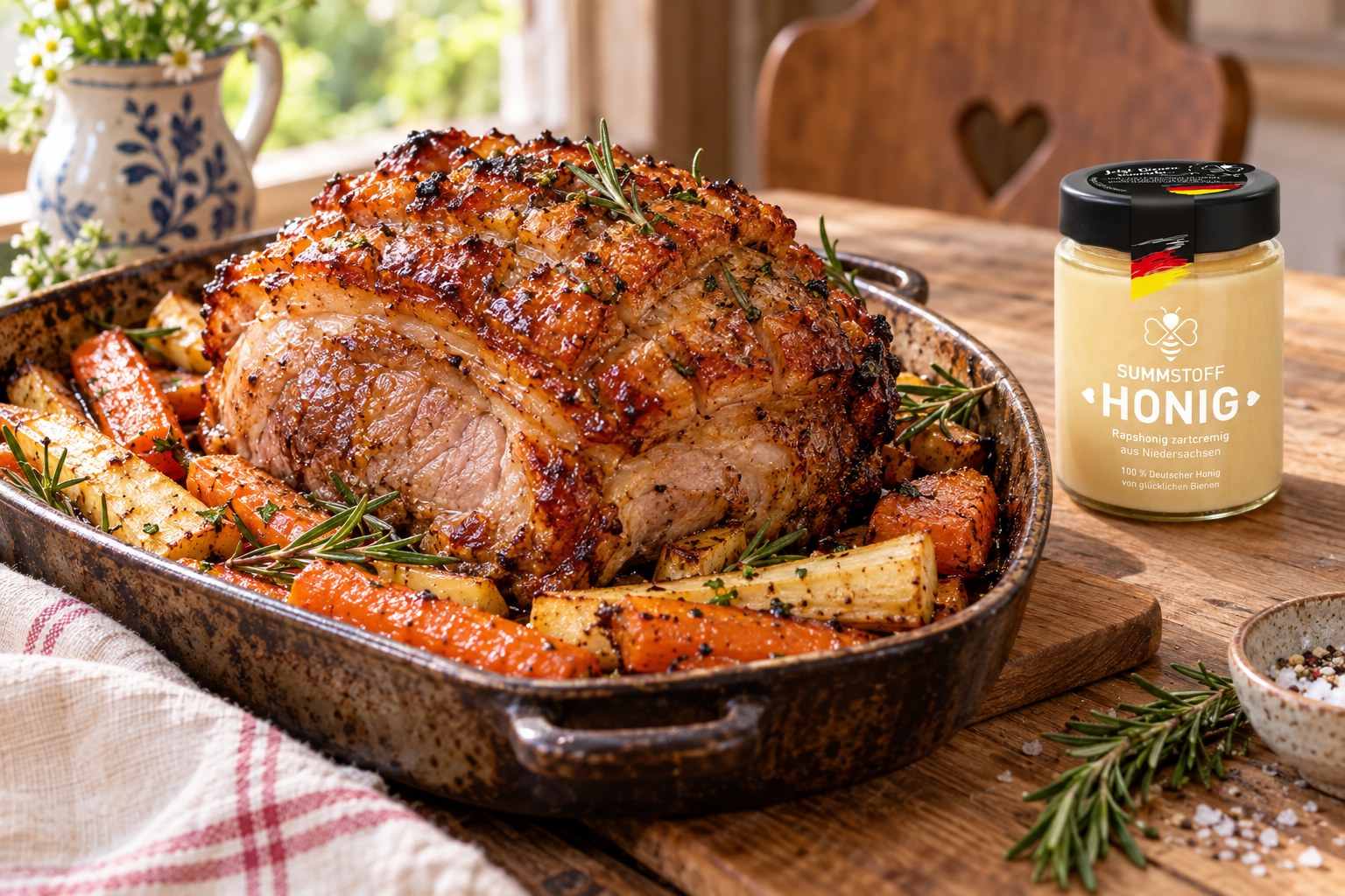 Rapshonig-Glasierter Schweinebraten mit Wurzelgemüse
