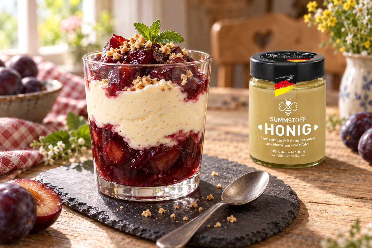 Lindenblüten-Honig-Mousse mit Zwetschgen