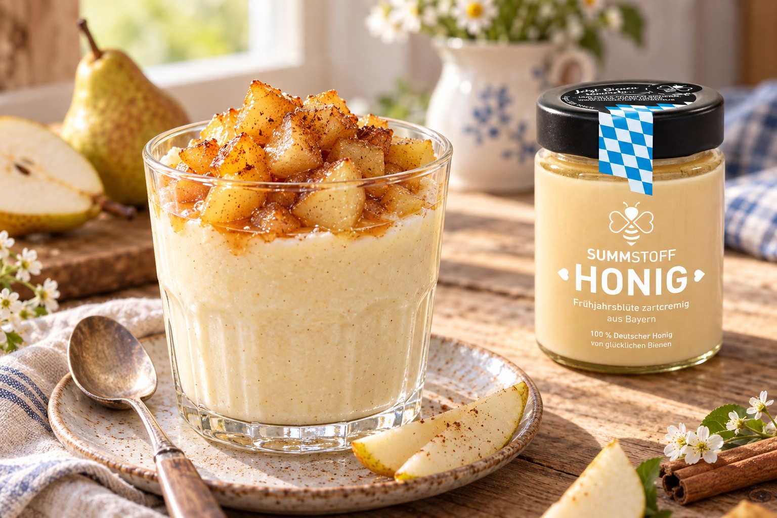 Frühjahrsblüten-Honig-Grießflammerie mit Birne