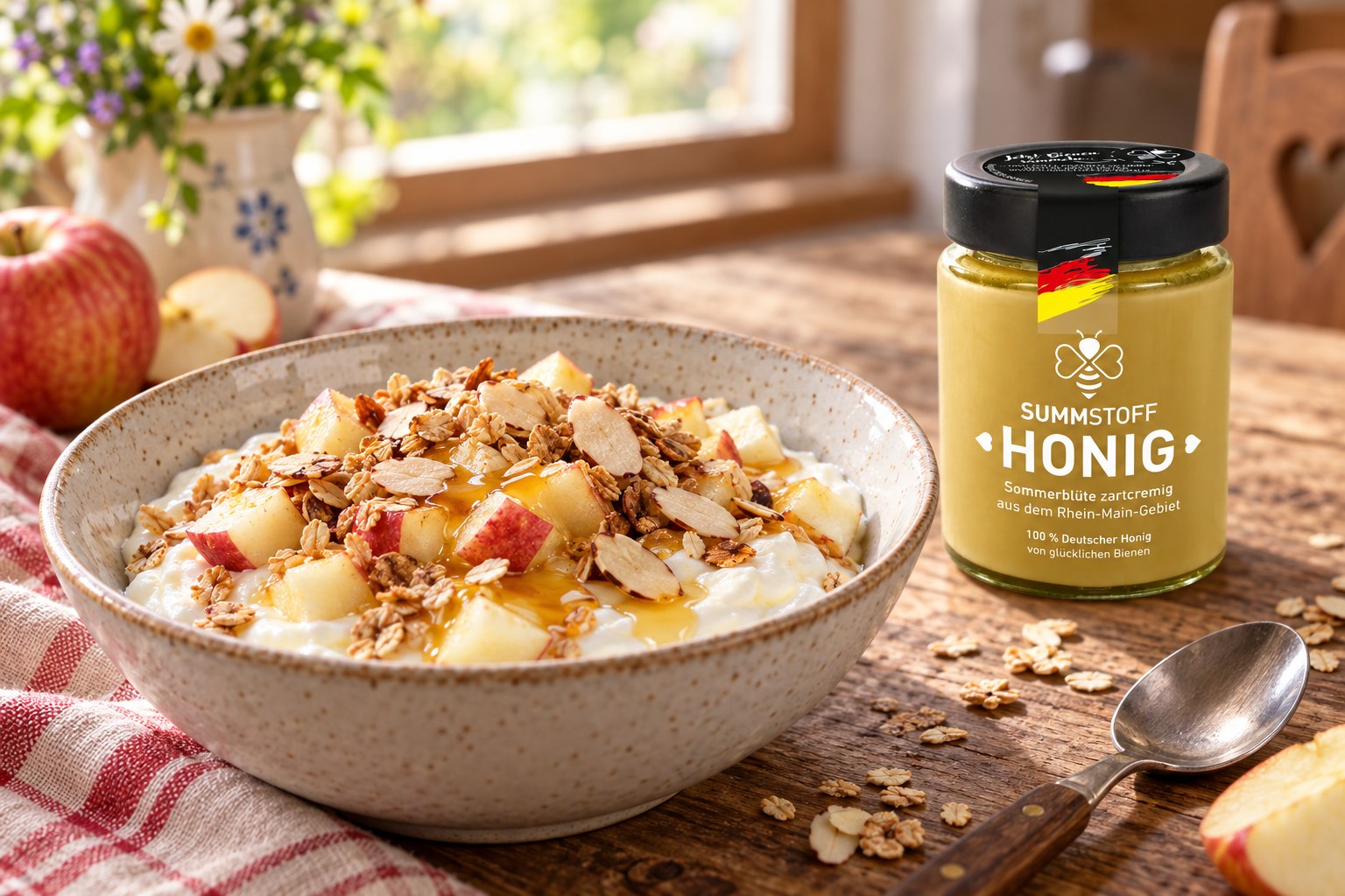 Sommerblüten-Honig-Quark mit Apfel und Hafer