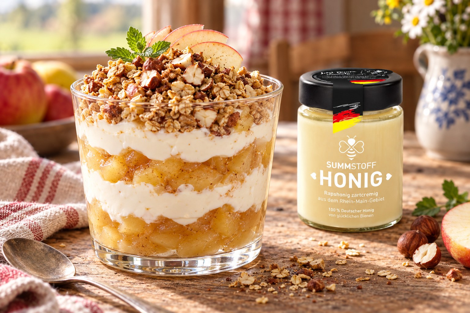 Rapshonig-Apfelmus-Schichtdessert mit Haferkrokant