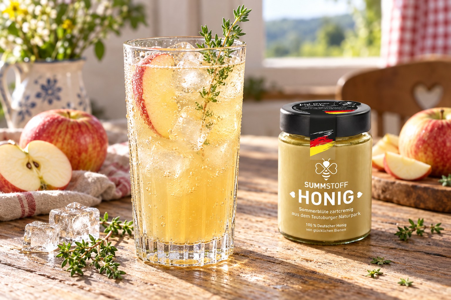 Sommerblüten-Honig-Apfelschorle mit Thymian