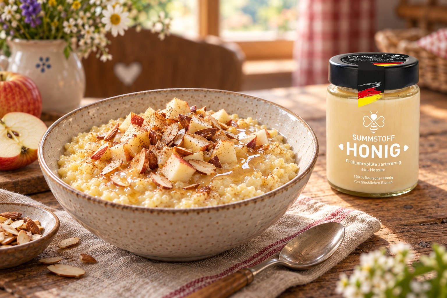 Frühjahrsblüten-Honig-Hirsebrei mit Apfel