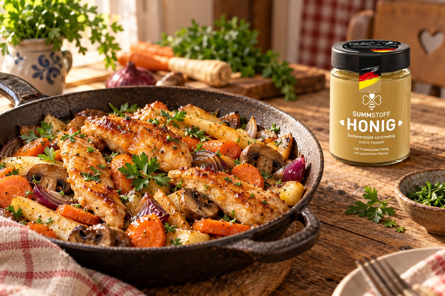 Sommerblüten-Honig-Hähnchenpfanne mit Herbstgemüse