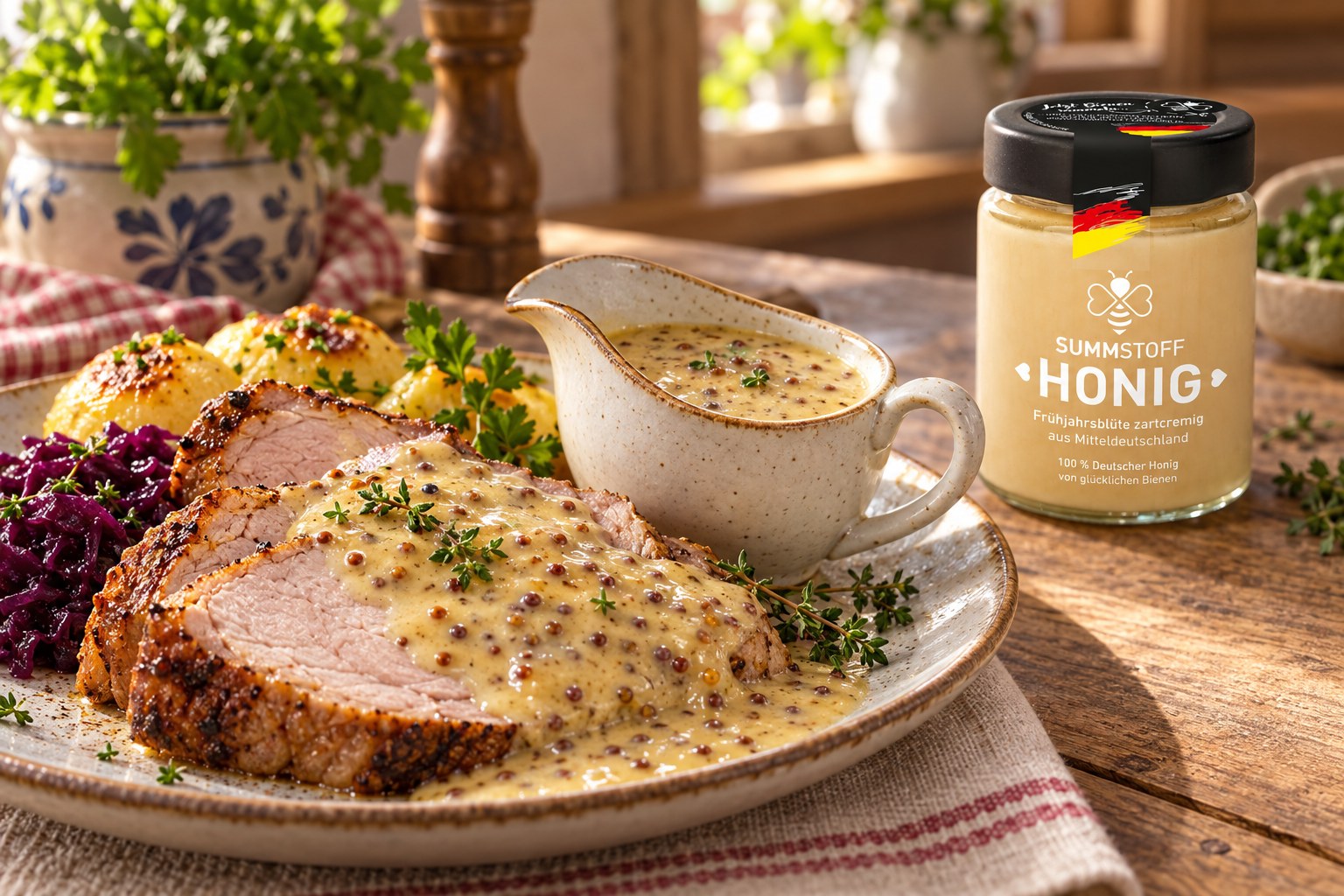 Frühjahrsblüten-Honig-Senf-Soße zum Braten