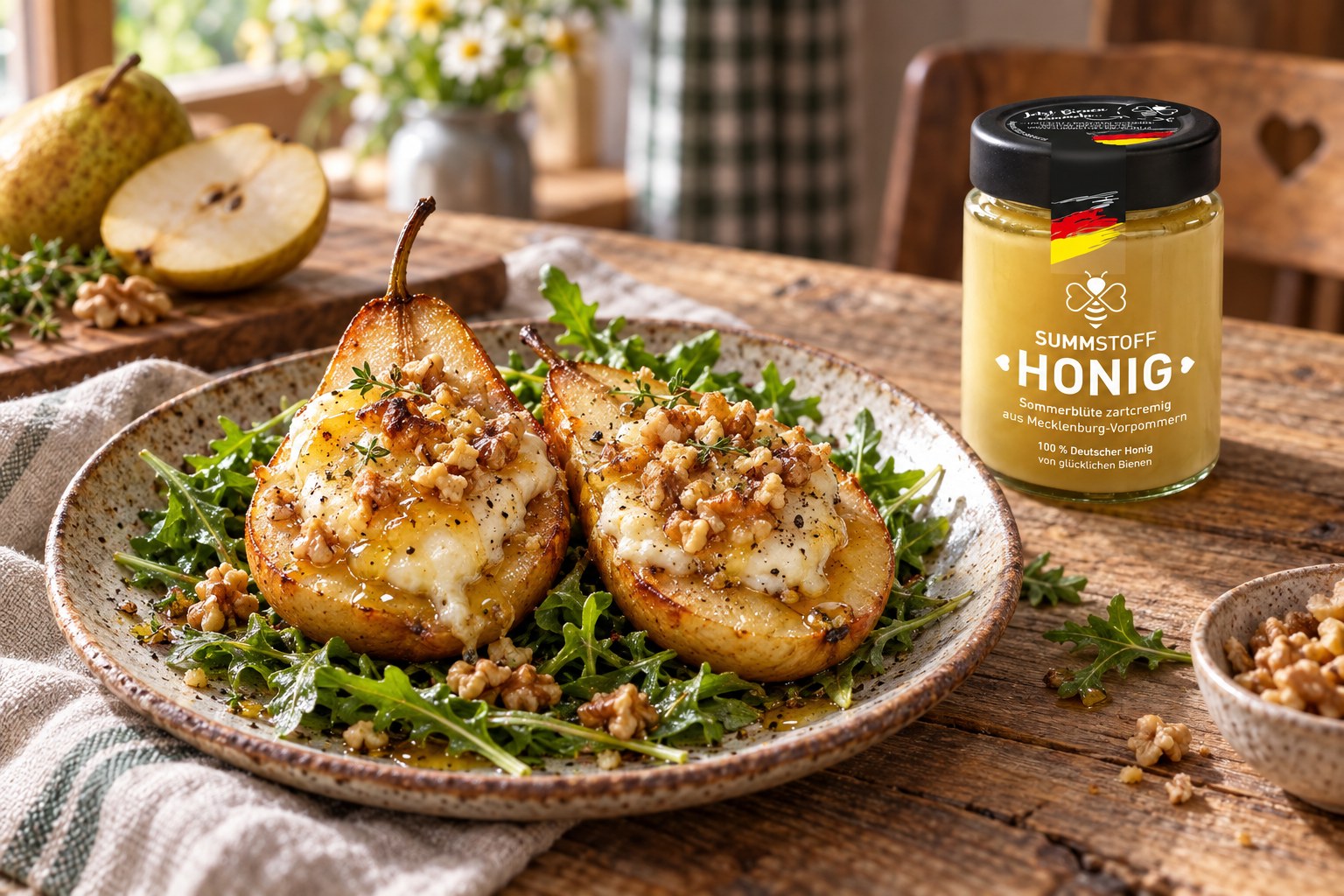 Sommerblüten-Honig-Birne mit Ziegenkäse