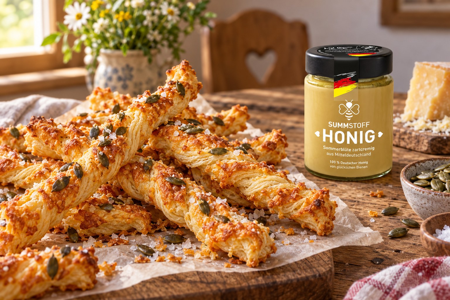 Sommerblüten-Honig-Käsestangen mit Kürbiskernen