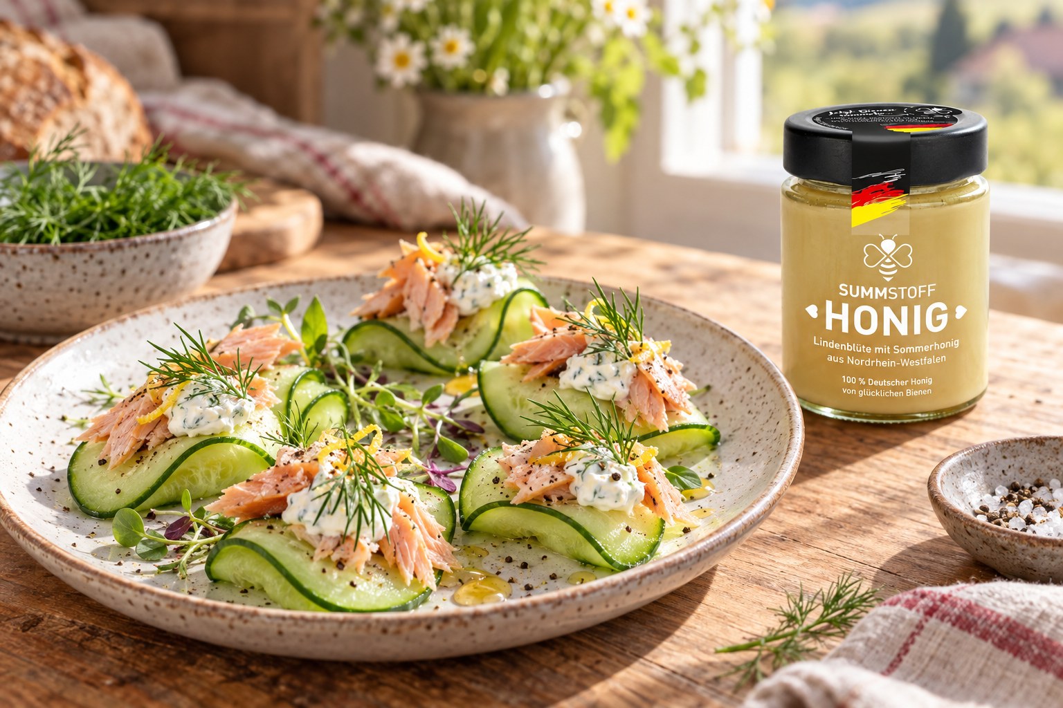 Lindenblüten-Honig-Räucherforelle auf Gurke