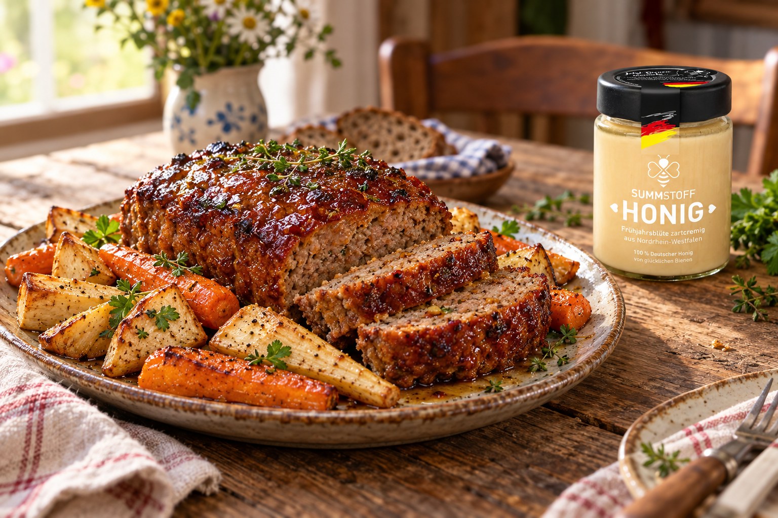 Frühjahrsblüten-Honig-Hackbraten mit Wurzelgemüse