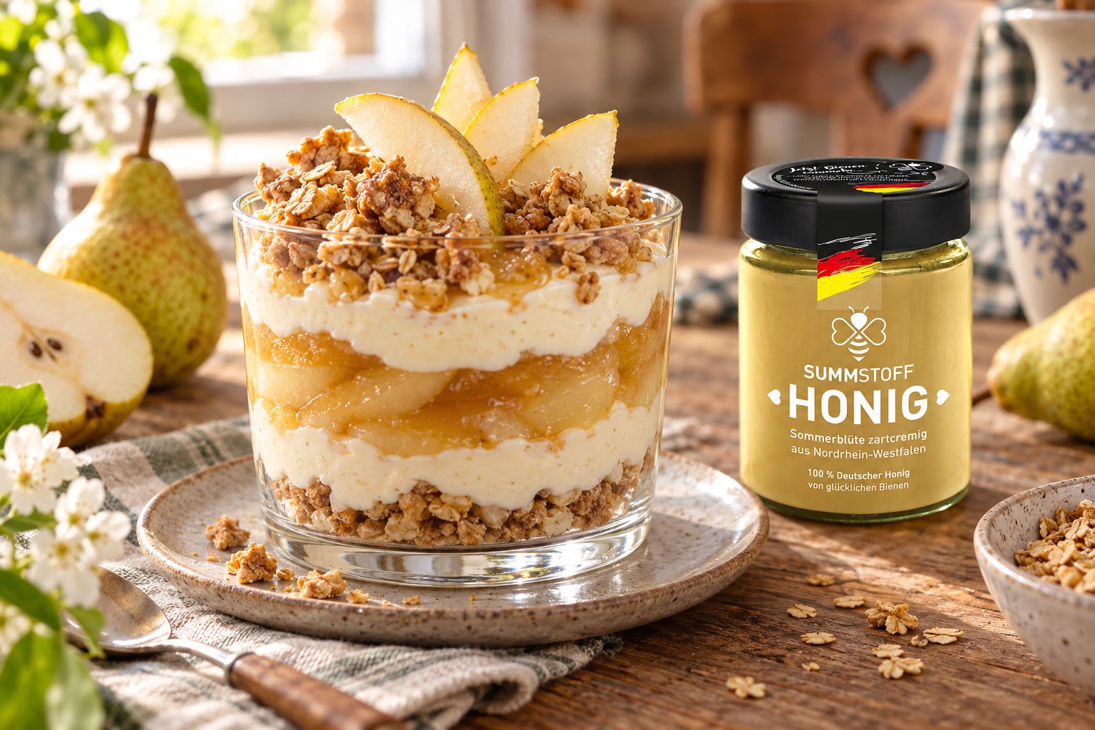 Sommerblüten-Honig-Birnencreme mit Haferkrokant