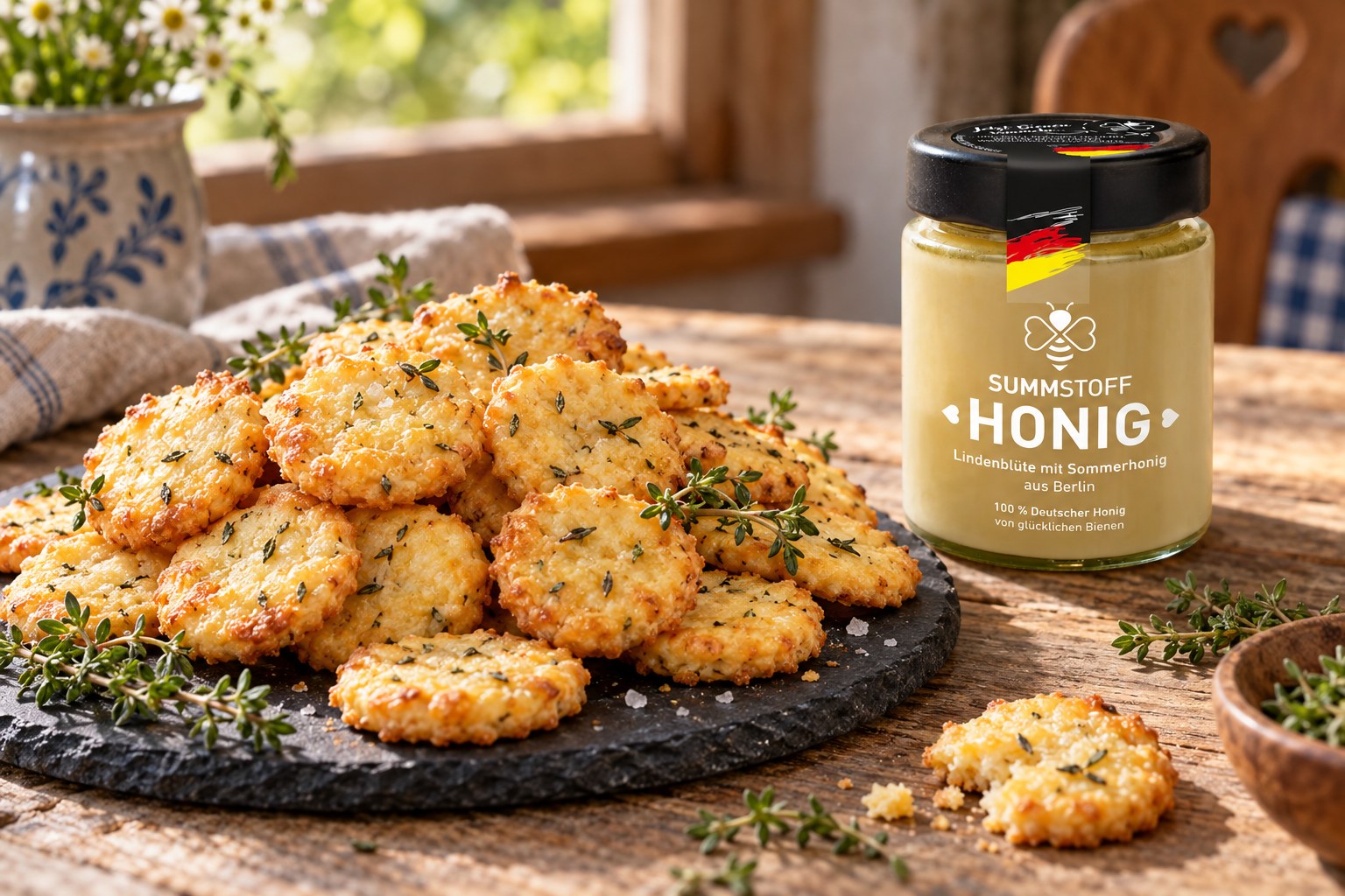 Lindenblüten-Honig-Käsecracker mit Thymian
