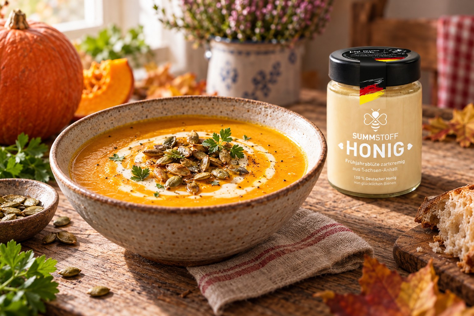Frühjahrsblüten-Honig-Kürbissuppe als Vorspeise