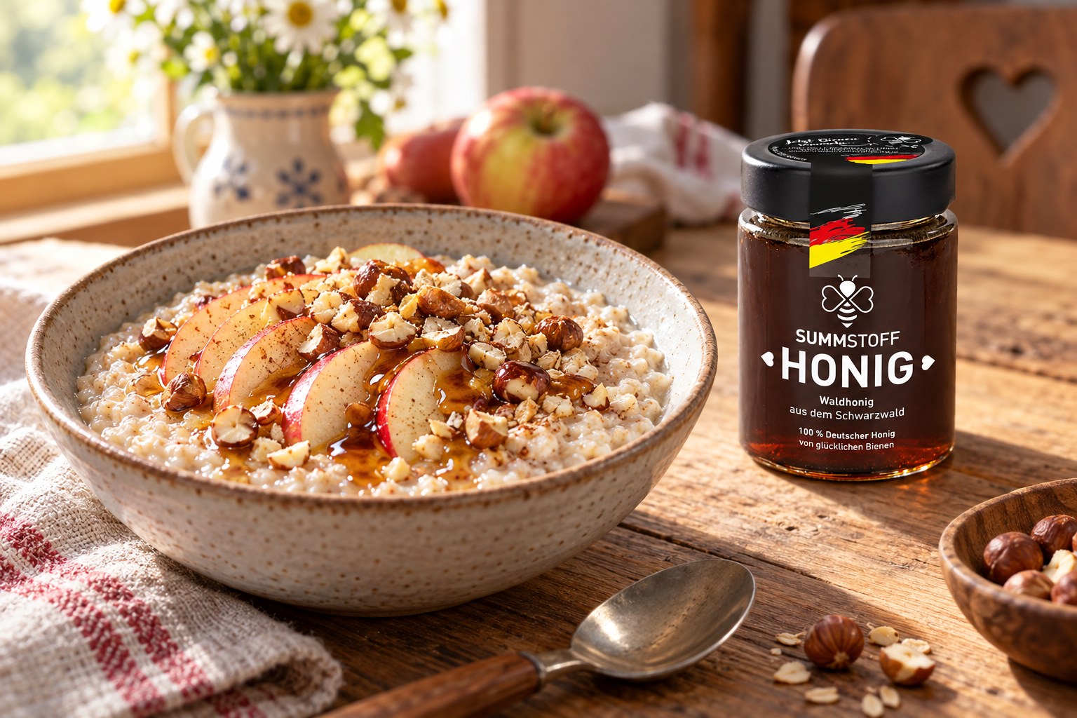Waldhonig-Apfel-Porridge mit Haselnuss