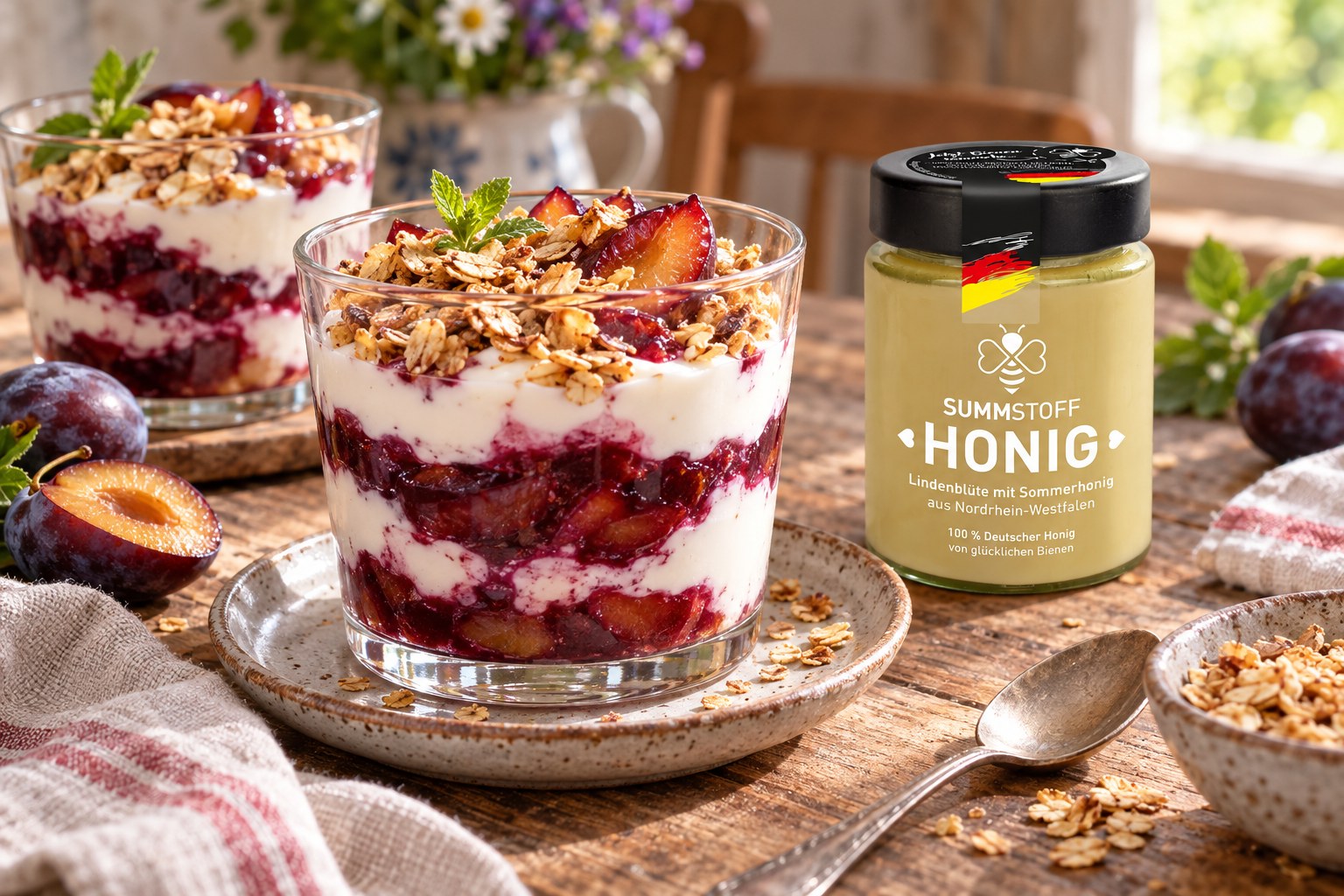 Lindenblüten-Honig-Joghurtcreme mit Zwetschgen