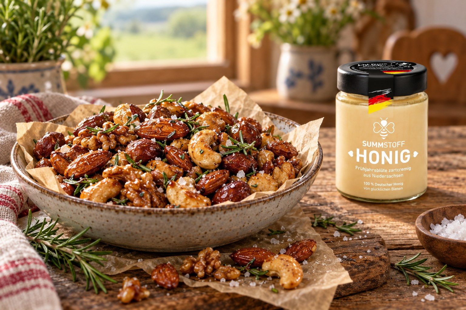 Frühjahrsblüten-Honig-Knabbernüsse mit Rosmarin