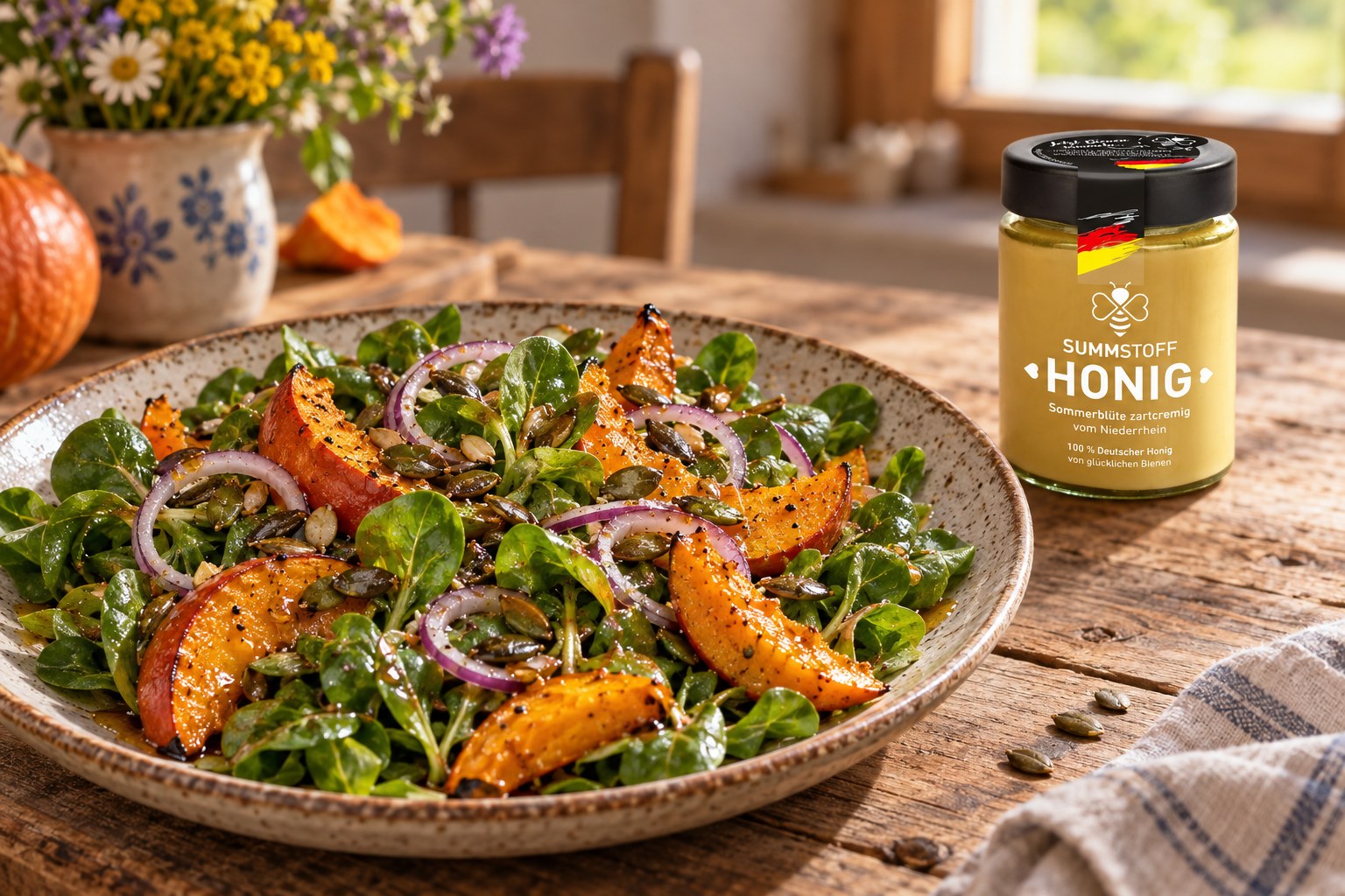 Herbstsalat mit Kürbis und Sommerblüten-Honig-Dressing
