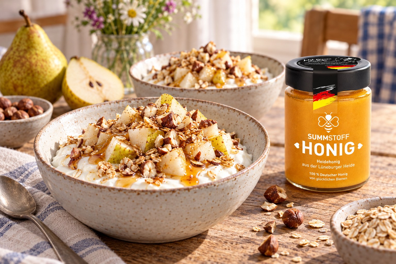 Heidehonig-Quark mit Birne und Haferflocken zum Frühstück