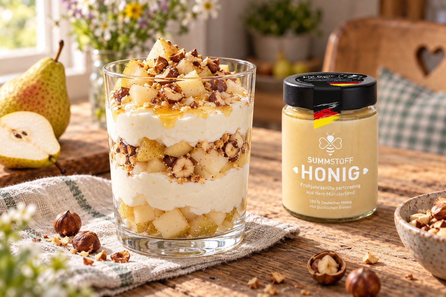 Frühjahrsblüten-Honig-Quarkcreme mit Birne
