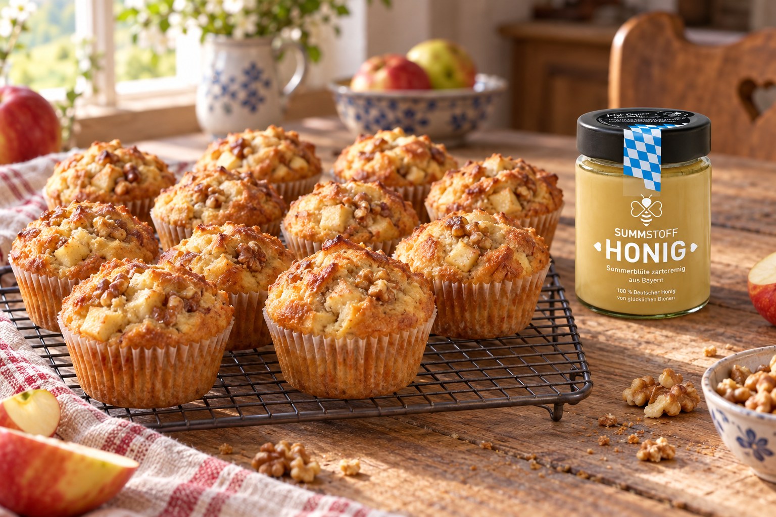 Sommerblüten-Honig-Apfelmuffins mit Walnuss