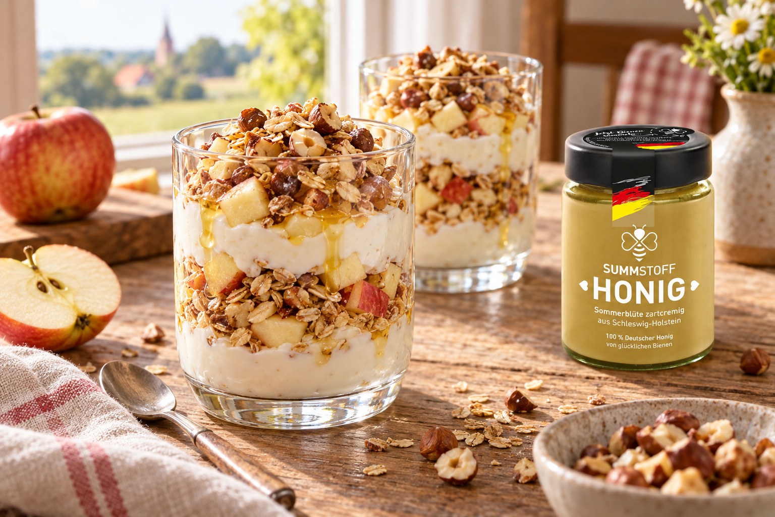 Sommerblüten-Honig-Apfel-Quark-Frühstück