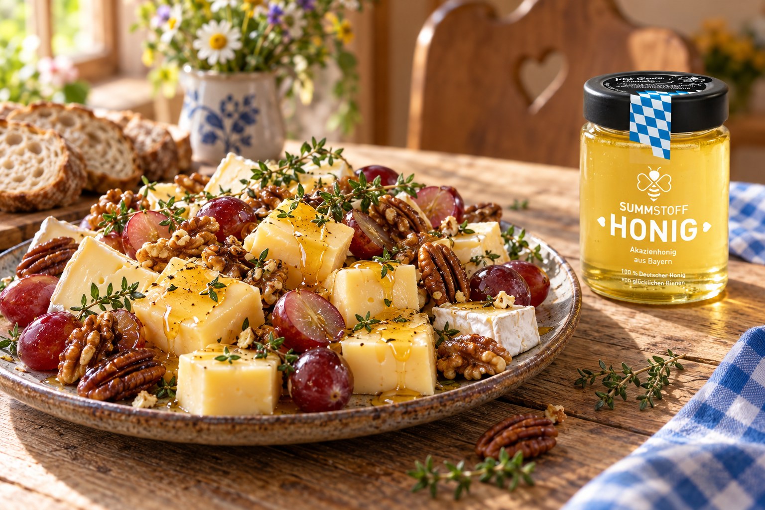 Akazienhonig-Nuss-Käse-Bissen mit Trauben