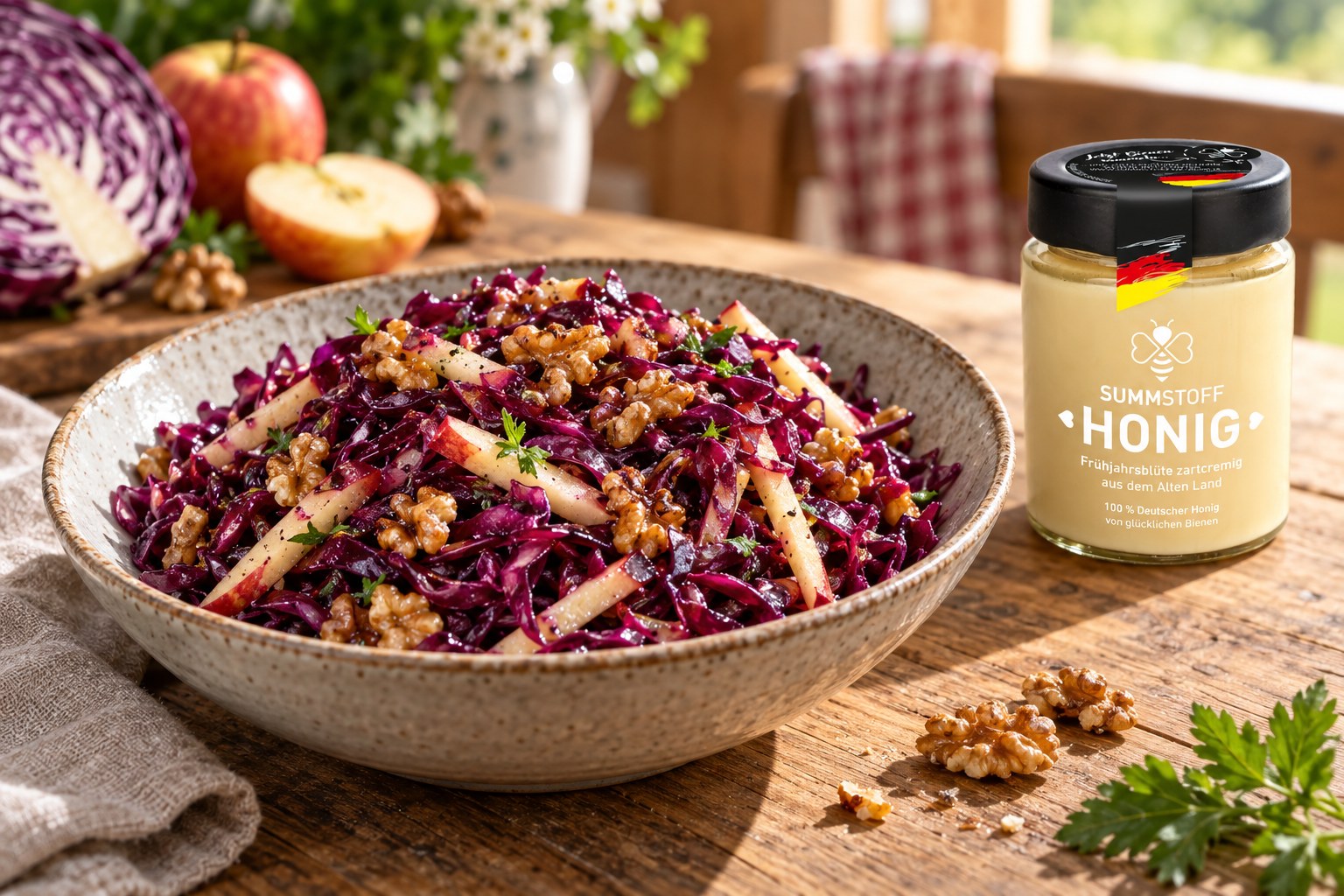 Wintersalat mit Rotkohl und Frühjahrsblüten-Honig