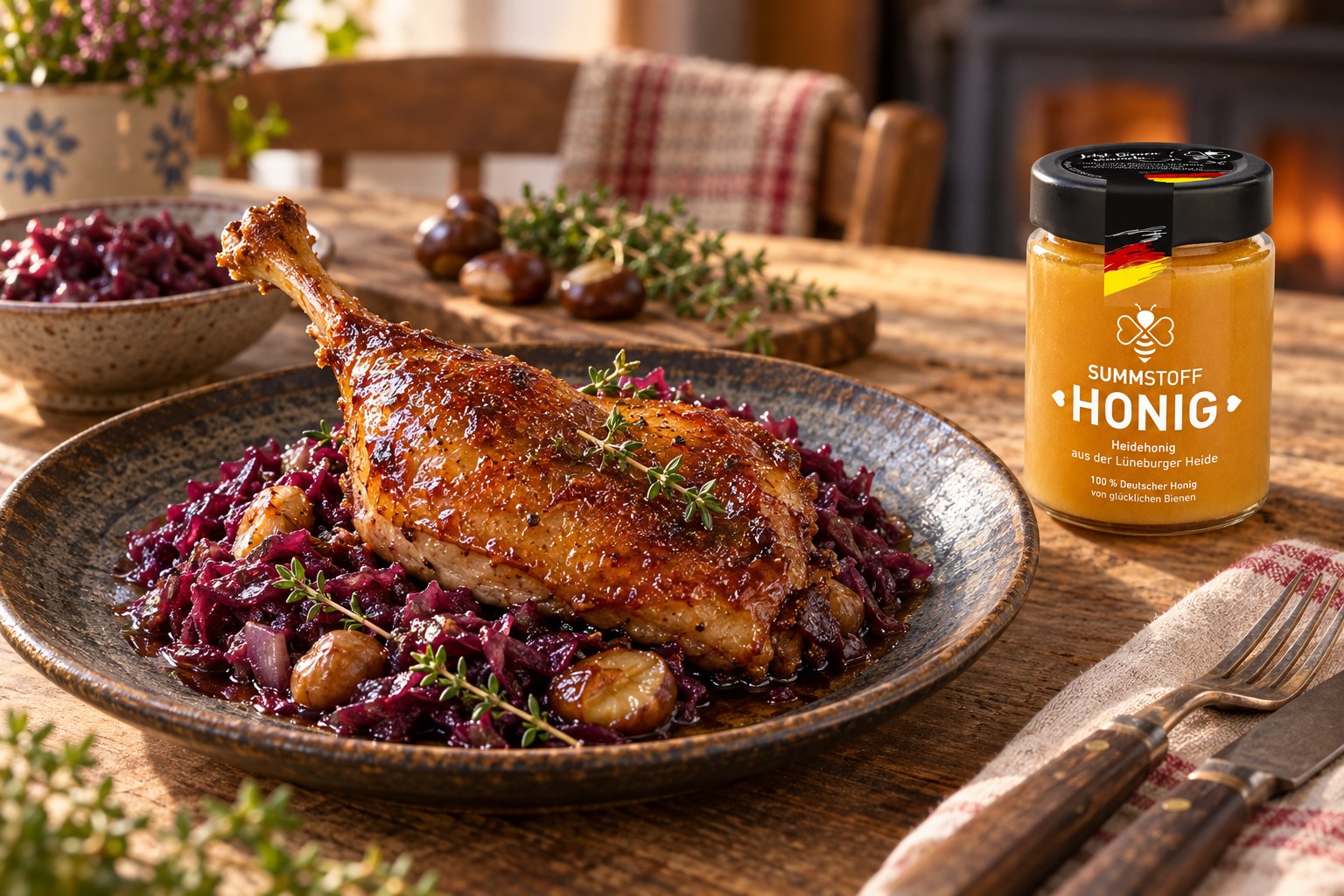 Heidehonig-Entenkeulen mit Rotkohl und Maronen