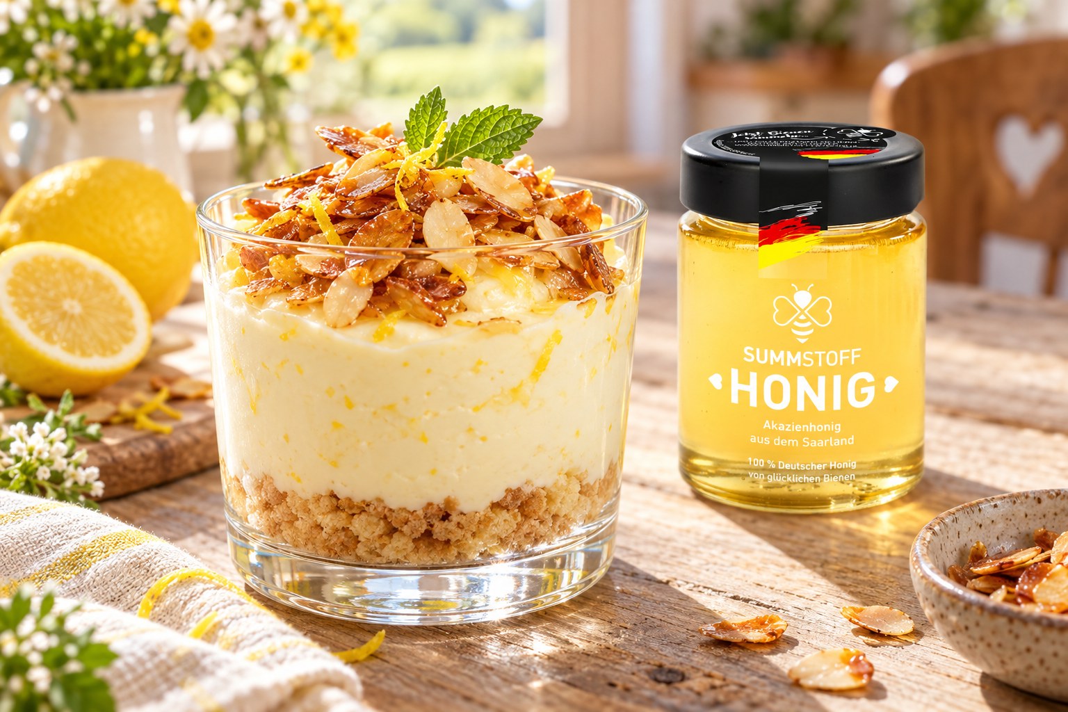 Akazienhonig-Zitronen-Creme mit Mandelkrokant