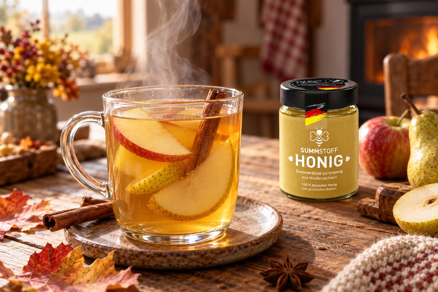 Sommerblüten-Honig-Heißgetränk mit Apfel und Birne