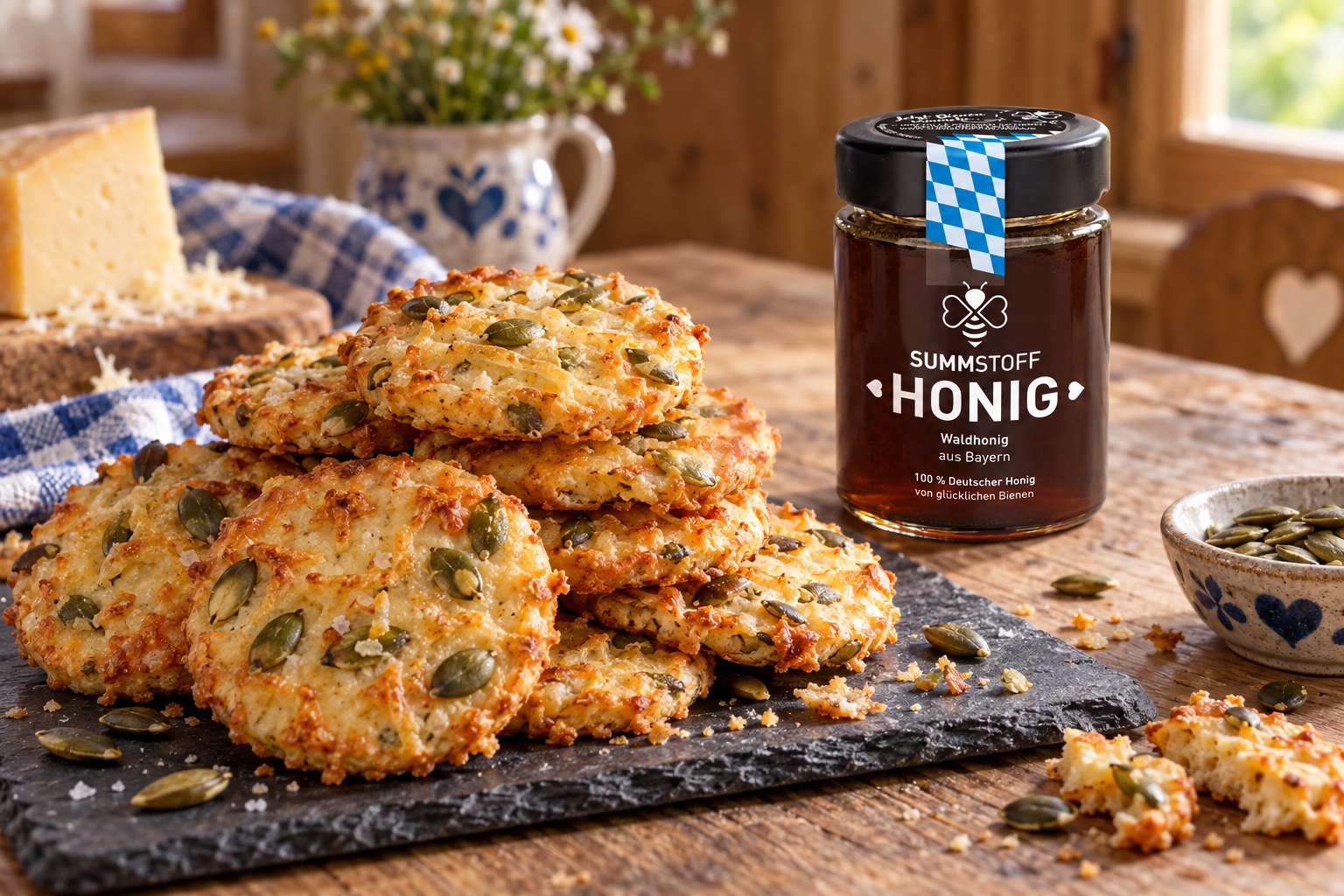 Waldhonig-Käse-Cracker mit Kürbiskernen