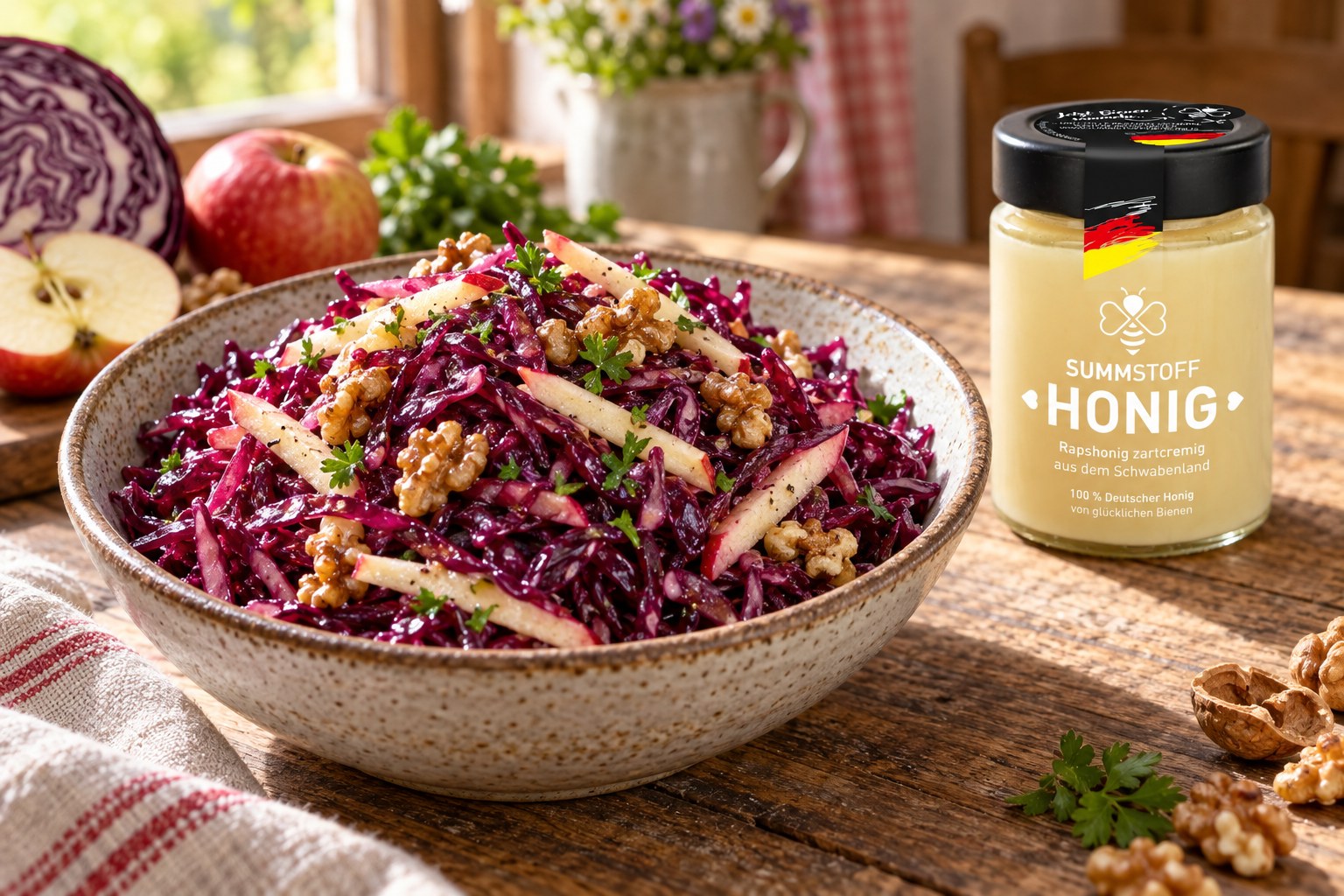 Rapshonig-Rotkohlsalat mit Apfel und Walnuss