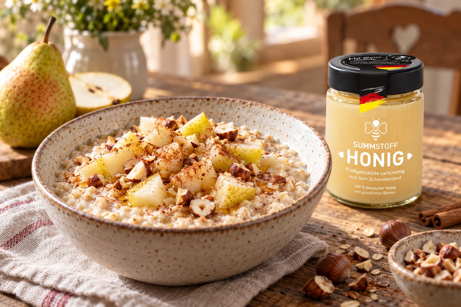 Frühjahrsblüten-Honig-Haferbrei mit Birne