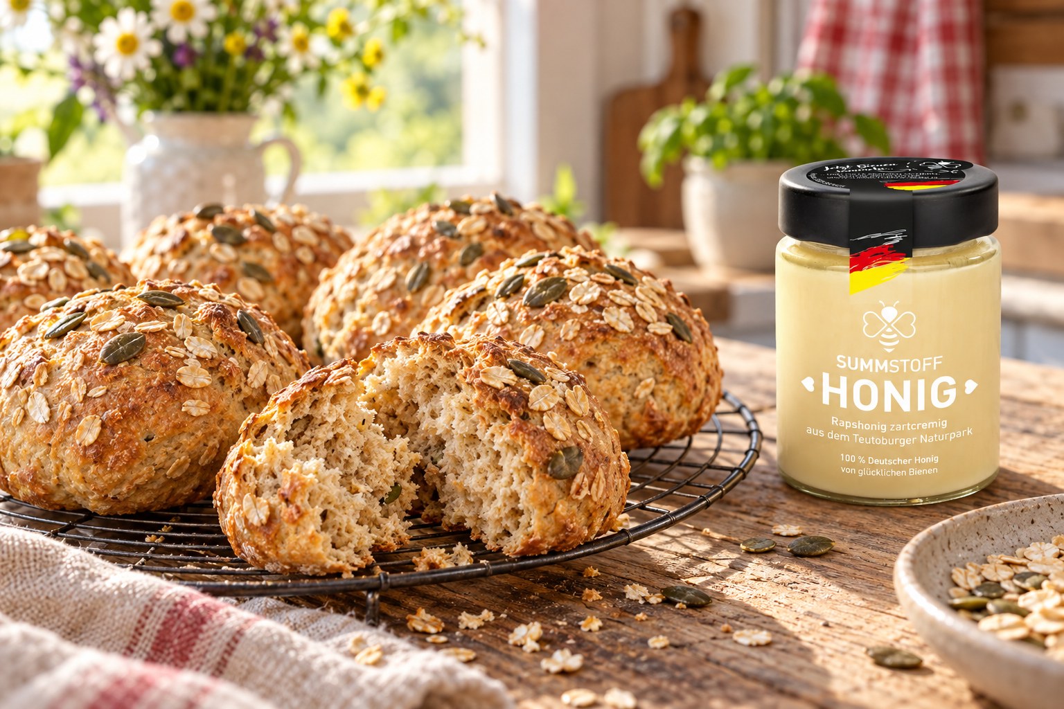 Rapshonig-Haferbrötchen mit Kürbiskernen