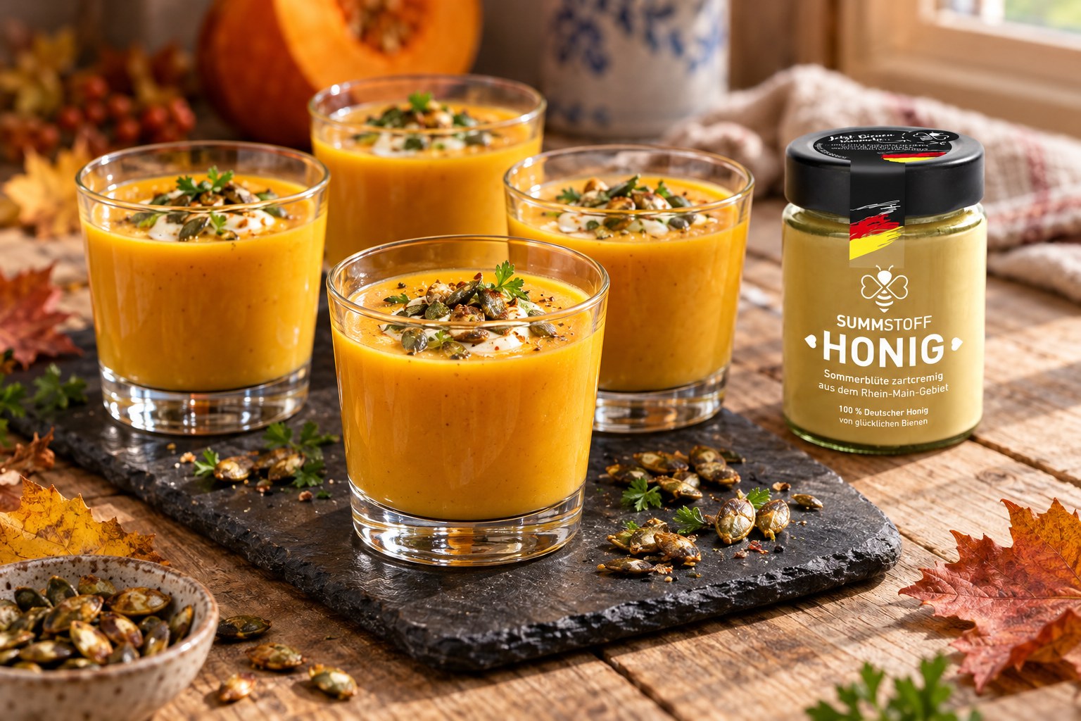 Sopita de calabaza con miel de flores de verano en tarro