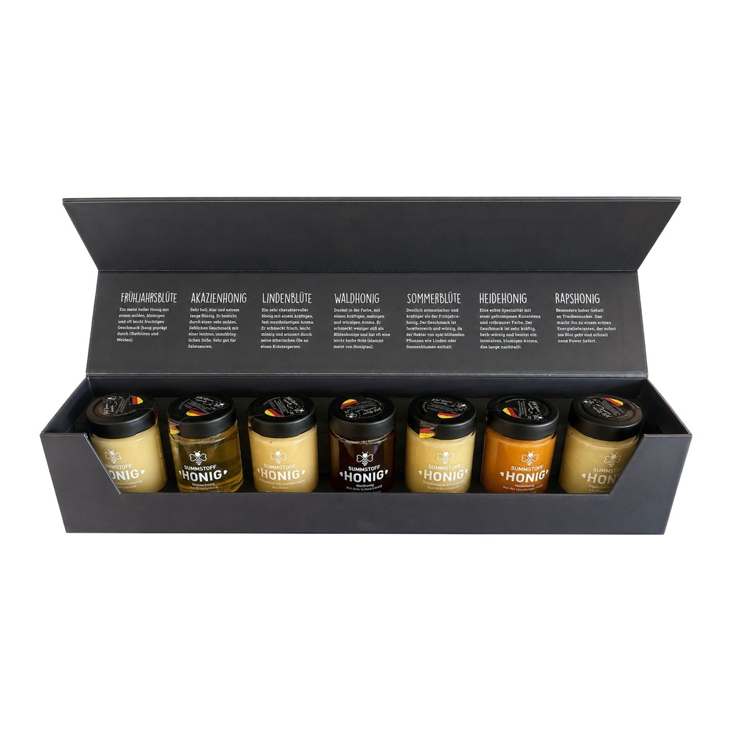 SUMMSTOFF 7er-Geschenkbox geöffnet mit sieben Gläsern